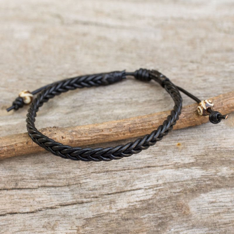 Braided Black Leather Mens Bracelet, "Single Black Braid"