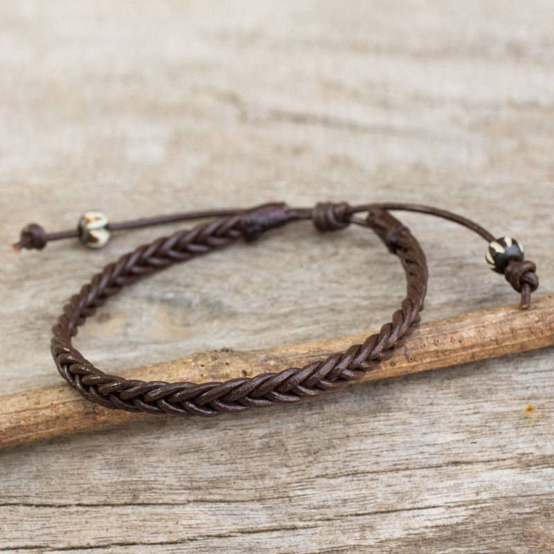 Thai Brown Leather Braided Men's Bracelet, "Single Brown Braid"