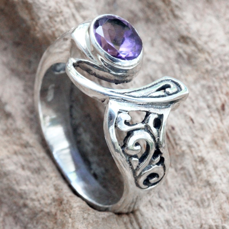 Amethyst and Sterling Silver Ornate Asymmetrical Ring, "Jimbaran"