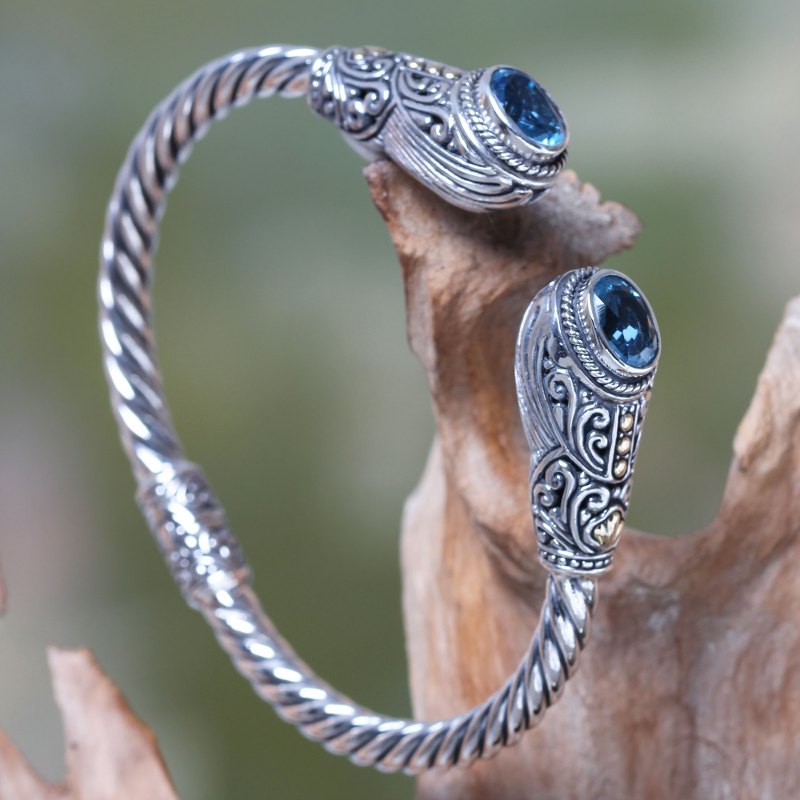 Bali Handcrafted Hinged Silver Blue Topaz Cuff Bracelet, "Empress of Gelgel"