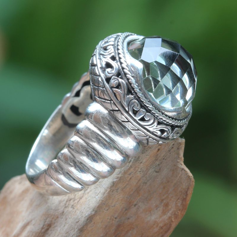 Modern Balinese Silver Ring with Faceted Prasiolite, "Natural Spring"