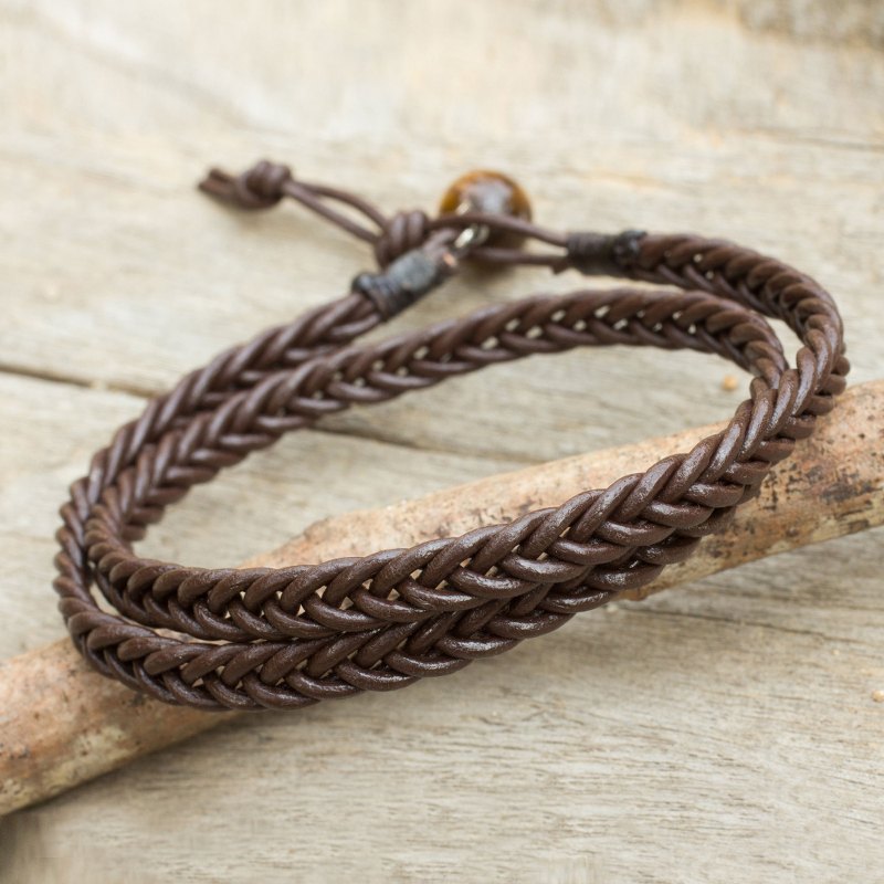 Hand Braided Brown Leather Mens Wrap Bracelet, "Double Chocolate"