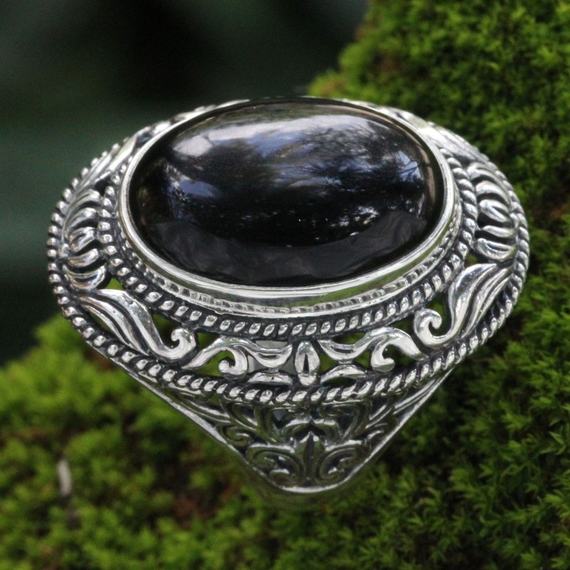 Ornate Handcrafted Onyx and Silver Bali Cocktail Ring, "Amed Eclipse"