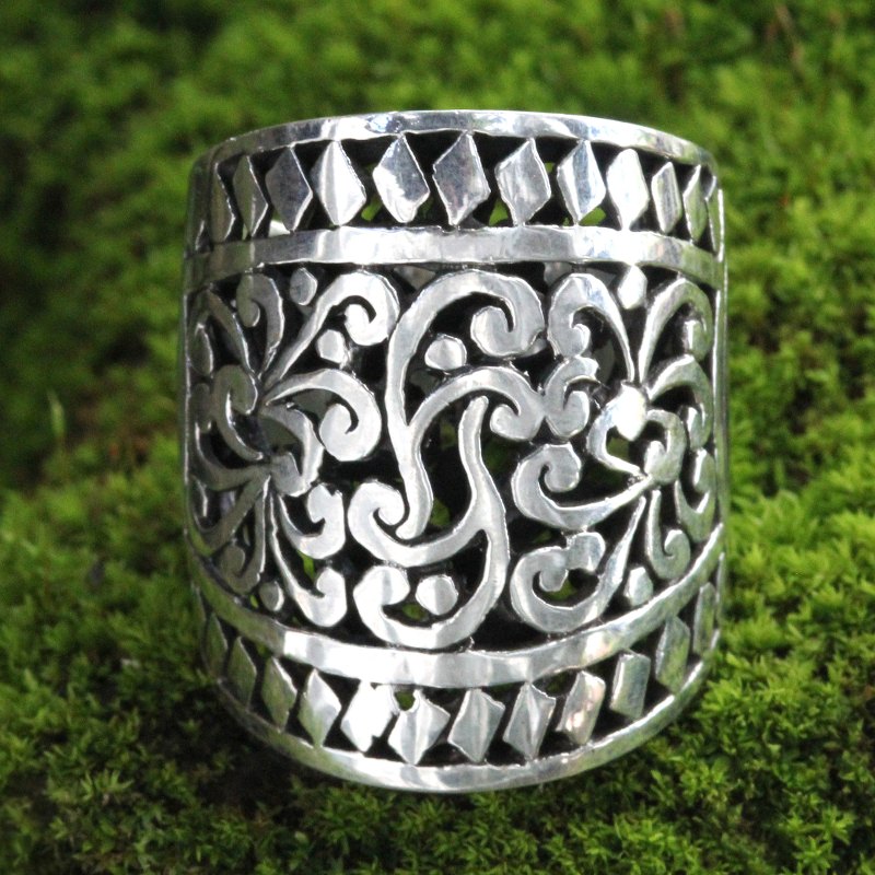 Wide Artisan Crafted Ornate Sterling Band Ring, "Sangeh Forest"