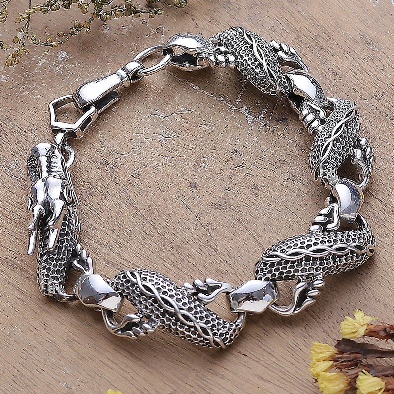 Dragon Themed Sterling Silver Link Bracelet (8.5 In), "Mystic Dragon"
