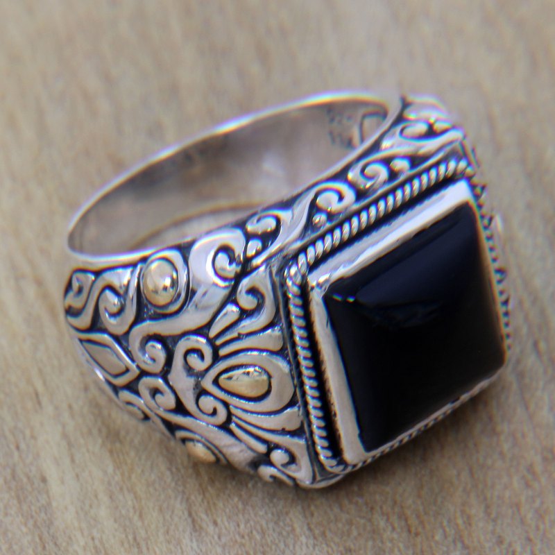 Onyx and Gold Accented Sterling Silver Ring for Men, "Tambora"