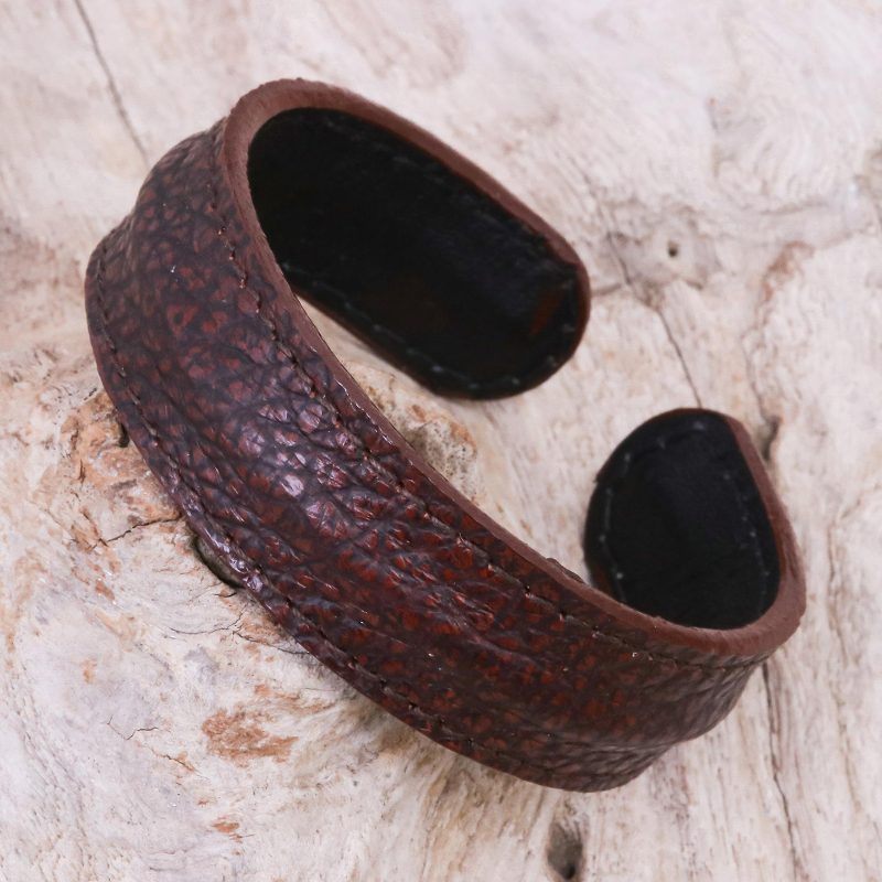 Thailand Men's Dark Brown Leather Cuff Bracelet, "Basic Dark Brown"