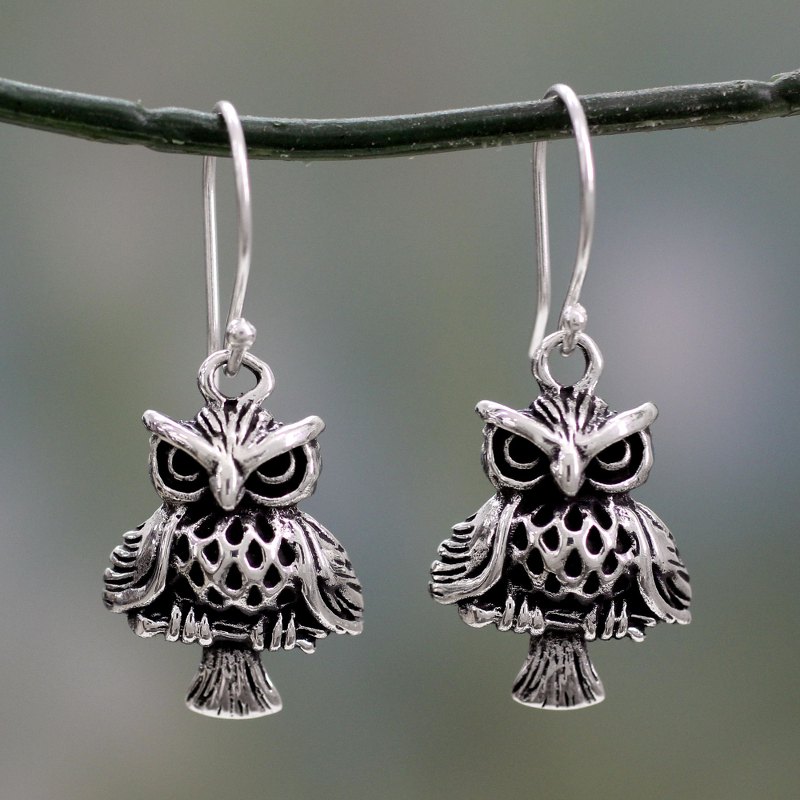 Unique Bird Theme Sterling Silver Owl Dangle Earrings, "Owl at Midnight"