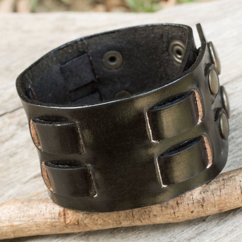 Black Leather Wristband Bracelet for Men Artisan Jewelry, "Rugged Weave in Black"