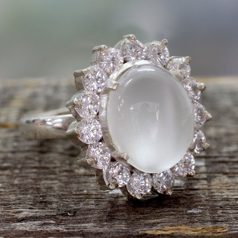 Moonstone and Cubic Zirconia Sterilng Silver Cocktail Ring, "Dazzle"