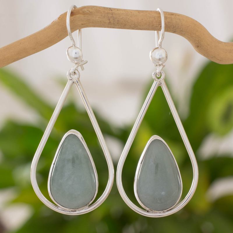 Teardrop Earrings with Apple Green Jade and Sterling Silver, "Apple Green Droplet of Life"