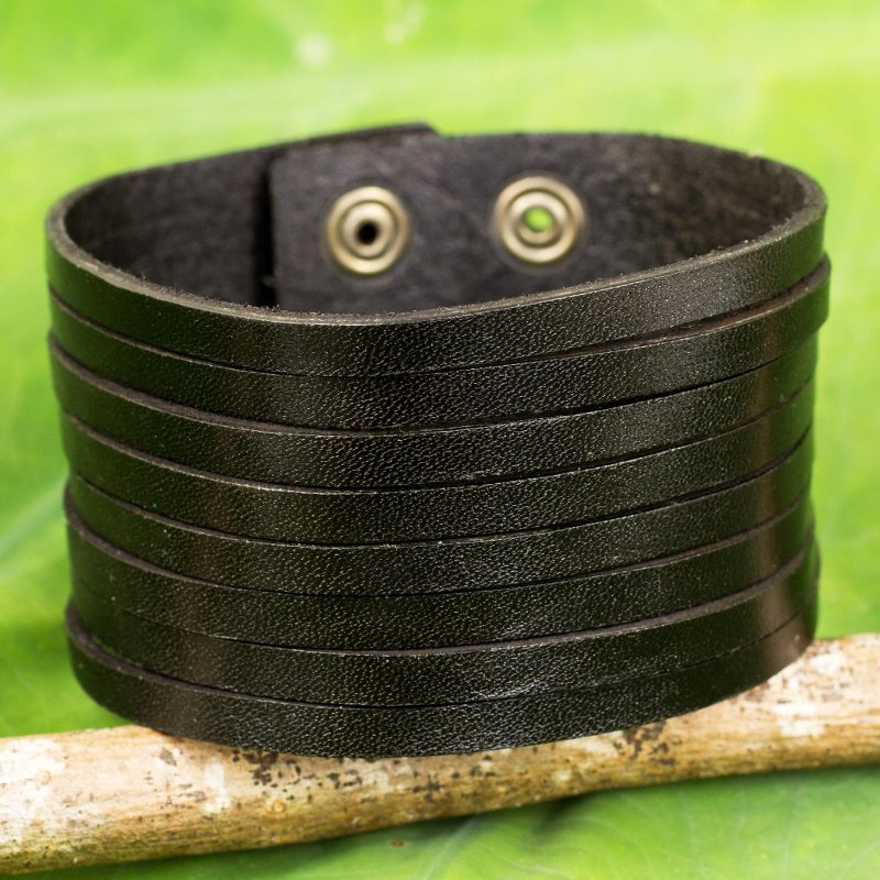 Black Leather Wristband Bracelet for Men from Thai Artisan, "Lanna Destiny"