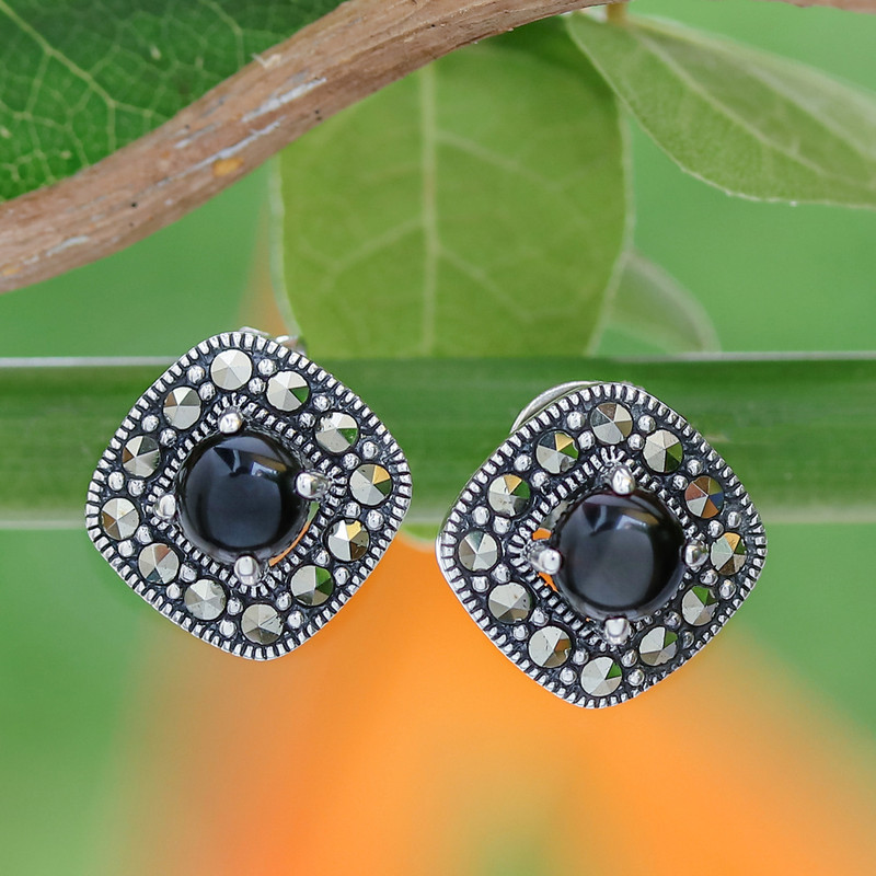 Vintage Style Onyx and Marcasite 925 Silver Button Earrings, "Vintage Belle"