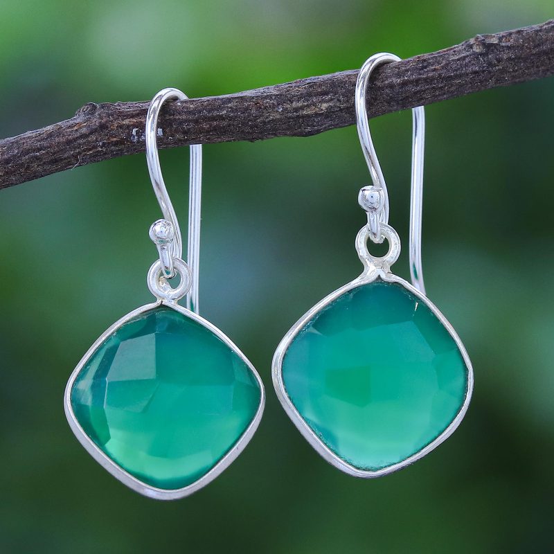 Thai Handcrafted Sterling Silver and Green Onyx Earrings, "Verdant Moon"