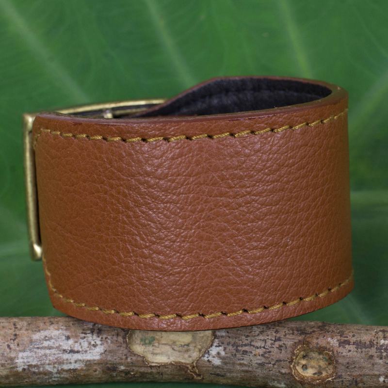 Thai Handcrafted Chunky Brown Leather Wristband, "Courage in Chocolate Brown"