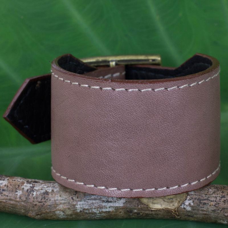 Thai Handcrafted Leather Wristband in Grey-Brown, "Courage in Versatile Brown"