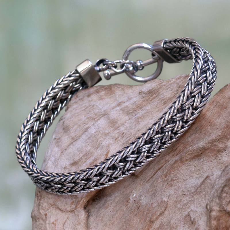 Toggle Clasp Balinese Sterling Silver Men's Bracelet, "Pakerisan"