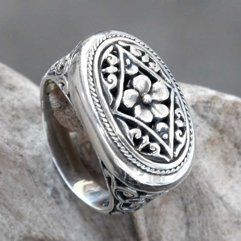 Ornate Sterling Silver Cocktail Ring with Floral Motif, "Hibiscus Gate"