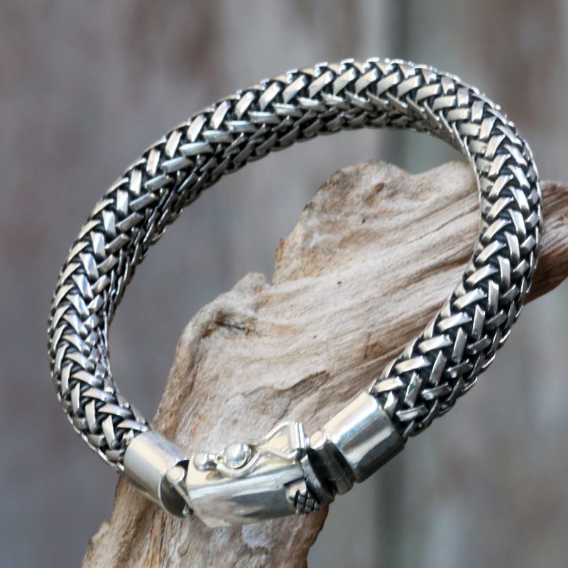 Artisan Crafted Wide Chain Bracelet in 925 Sterling Silver, "Naga Tales"