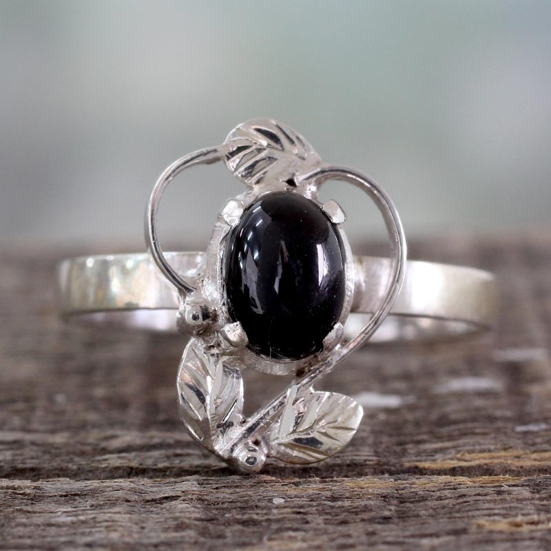 Ornate Handcrafted Silver and Onyx Cocktail Ring, "Blackberry Blossom"
