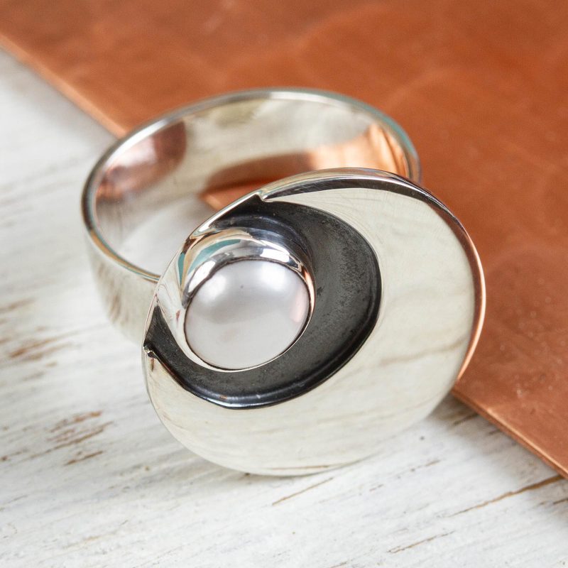 950 Silver and Pearl Moon Ring Mexico Taxco Jewelery, "Iridescent Moon"
