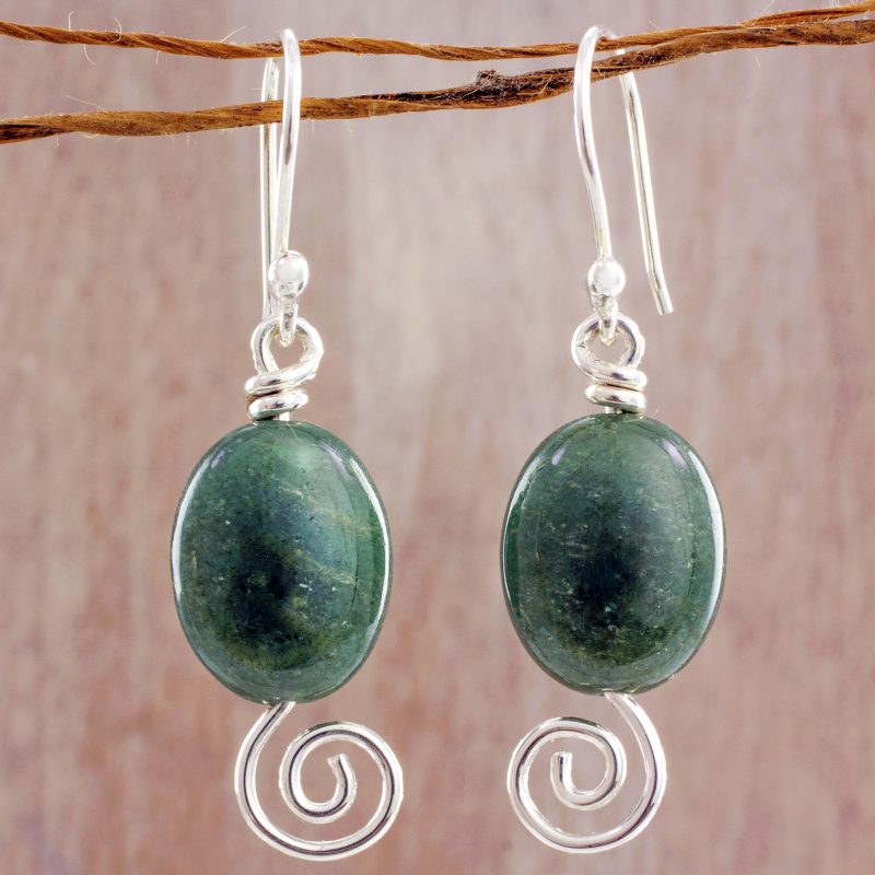 Spiral Theme Sterling Silver and Green Jade Earrings, "Green Maya Galaxy"