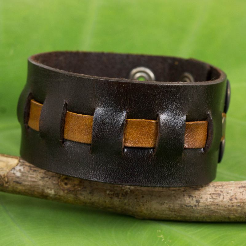 Artisan Crafted Leather Band Bracelet in Brown and Tan, "New Pathways"