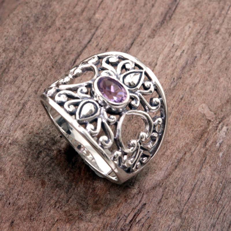 925 Silver Heart Band Ring with Amethyst Fair Trade Jewelry, "Garden of Mystique"