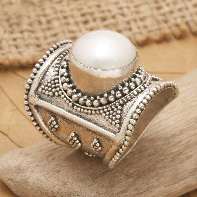 Wide Silver and Cultured Mabe Pearl Ring from Bali, "Glowing Heroine"