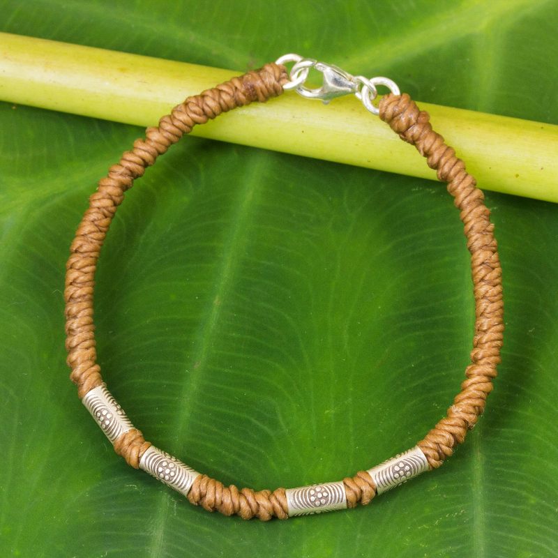 950 Silver Accent Wristband Braided Bracelet from Thailand, "Simply Happy in Tan"