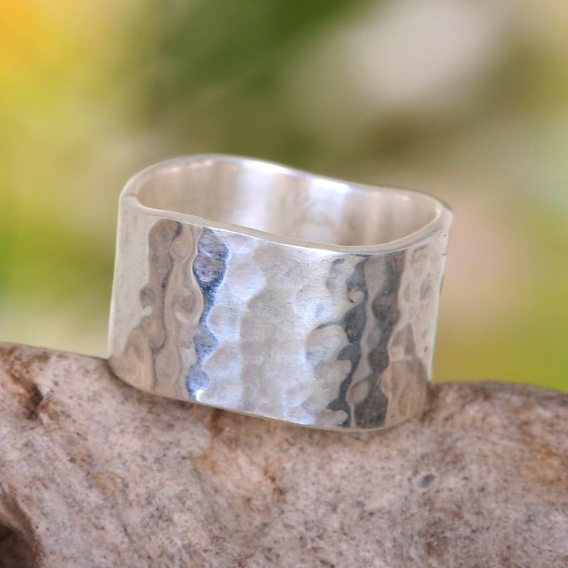 Wide Sterling Silver Band Ring from Indonesia, "Shining Waves"