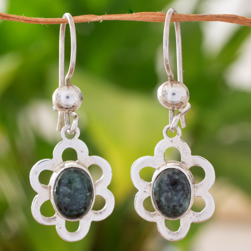 Sterling Silver Floral Dangle Earrings with Dark Green Jade, "Dark Dappled Blossom"