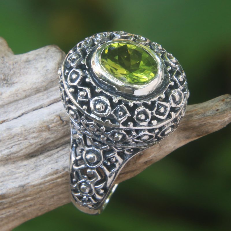 Ornate Balinese Sterling Silver Ring with Peridot, "Ornate Jungle Wreath"