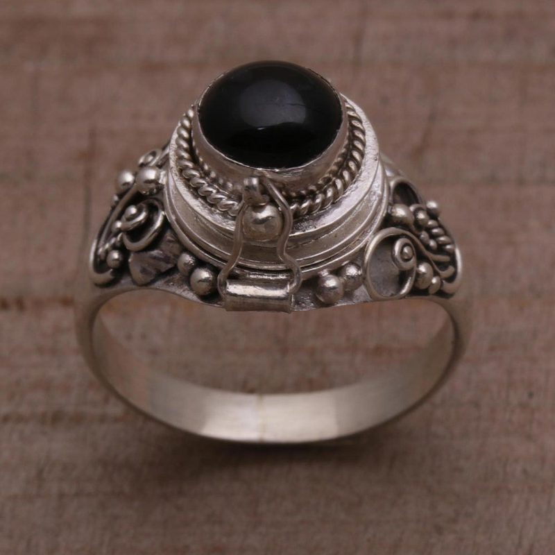 Onyx and 925 Sterling Silver Locket Ring from Bali, "Gerhana Shrine"