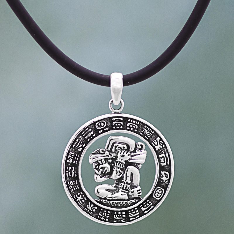 Sterling Silver and Rubber Aztec Pendant Necklace Mexico, "Time Carrier"