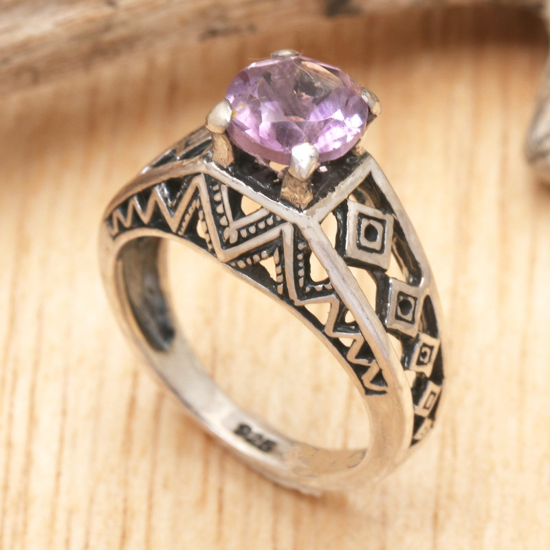 925 Silver Solitaire Ring Artisan Crafted with Amethyst, "Sky Goddess Temple"
