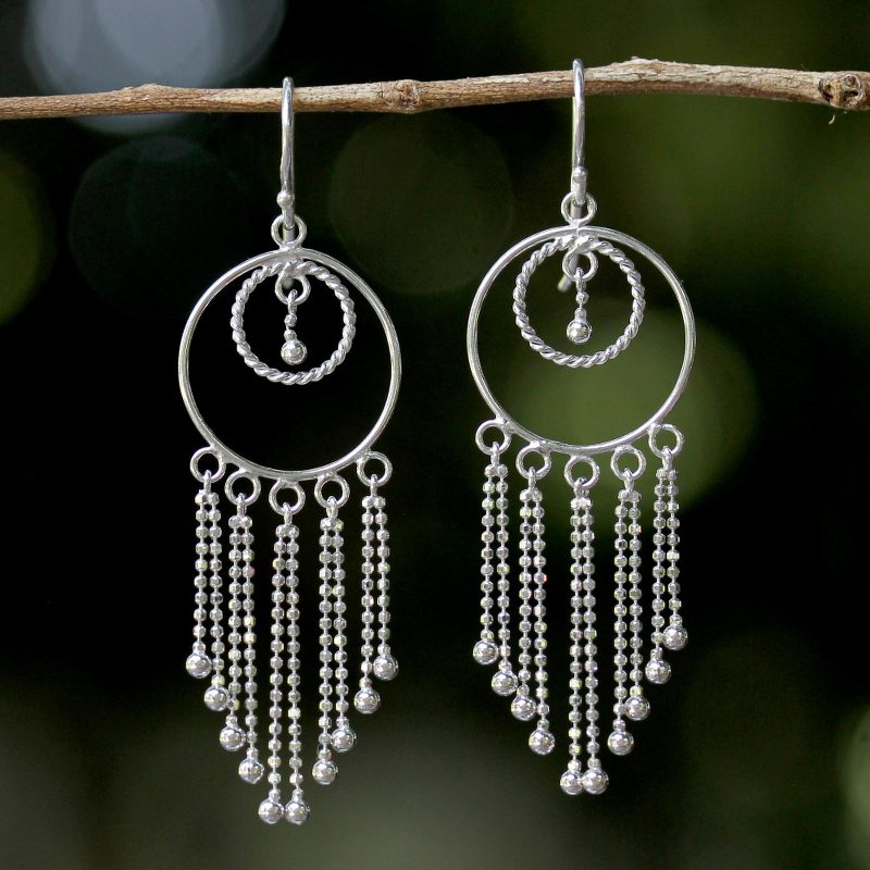 Thai Artisan Jewelry Sterling Silver Chandelier Earrings, "Dream Protectors"