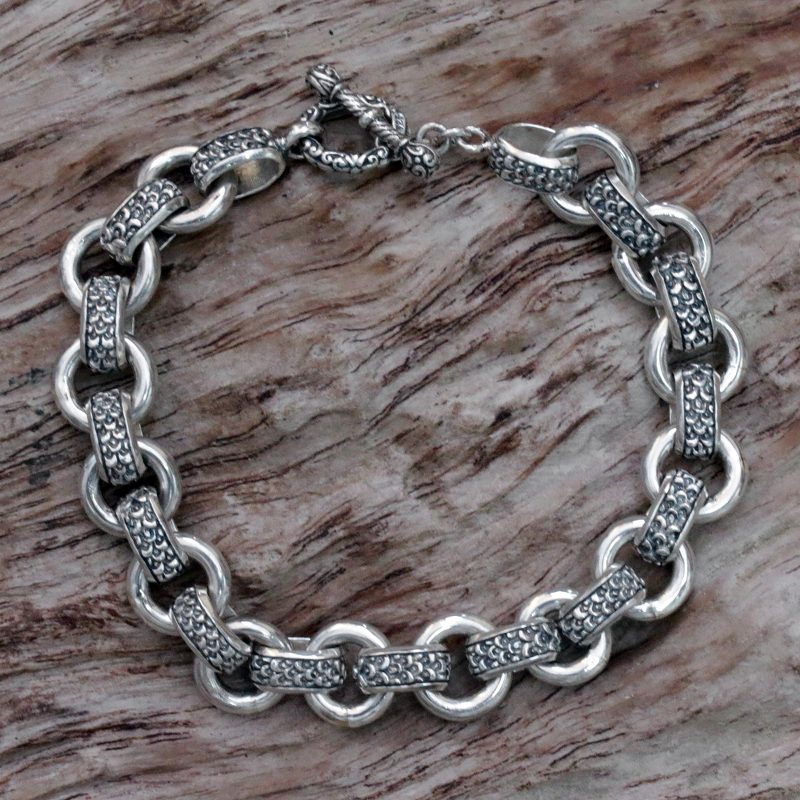 Men's Silver Textured Link Bracelet from Indonesia, "Dragon Legacy"