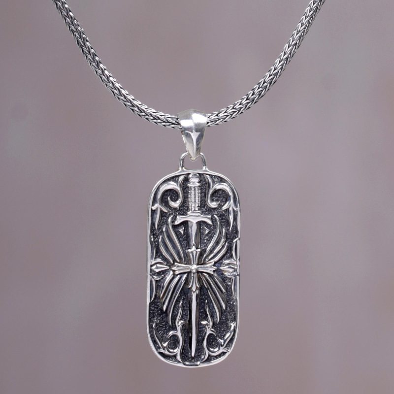 Artisan Crafted Javanese Sterling Silver Men's Necklace, "Blade of Gaja Mada"