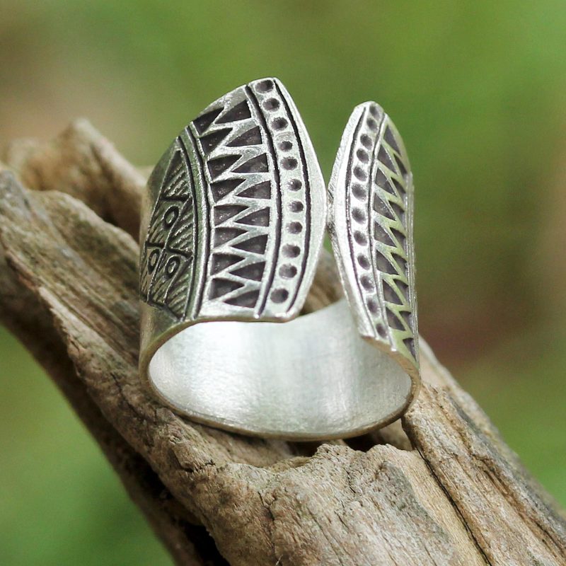 925 Silver Wrap Ring with Geometric Motifs from Thailand, "Groovy Style"