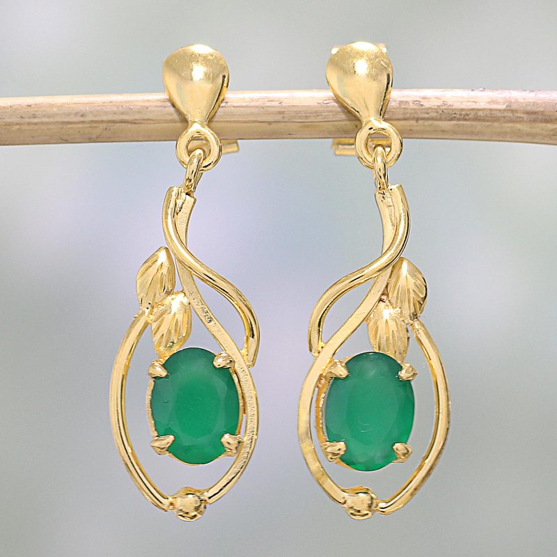 22k Gold Plated Green Onyx Dangle Earrings from India, "Leafy Romance"