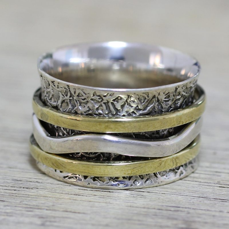 Indian Spinner Ring Crafted of Sterling Silver and Brass, "Forest Sheen"