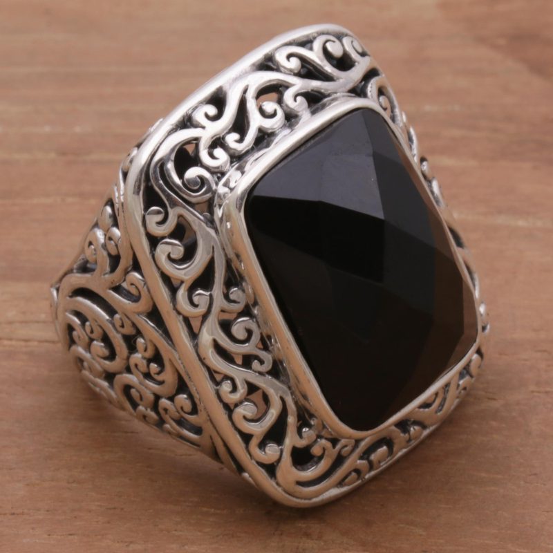 Onyx and Sterling Silver Cocktail Ring by Balinese Artisans, "Spiraling Black"