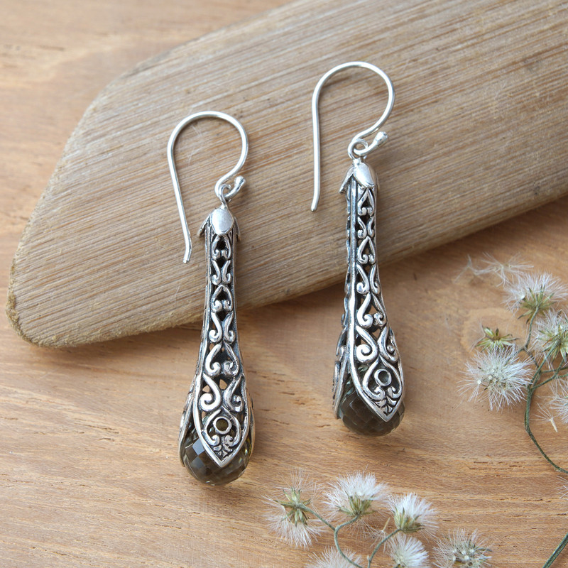 925 Sterling Silver and Prasiolite Dangle Earrings from Bali, "Misty Spirals"
