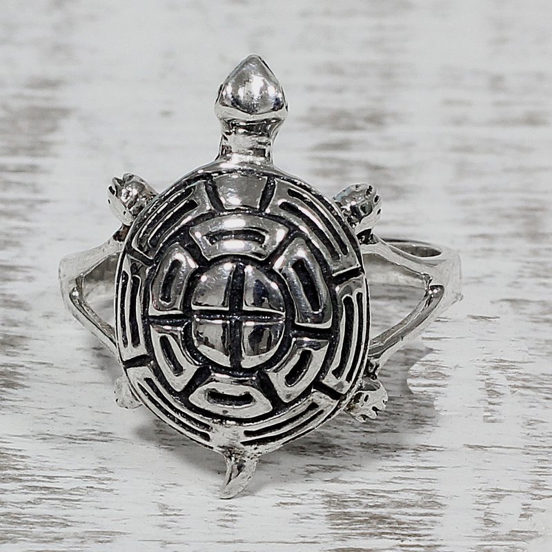 925 Sterling Silver Turtle Cocktail Ring from India, "Turtle Maze"