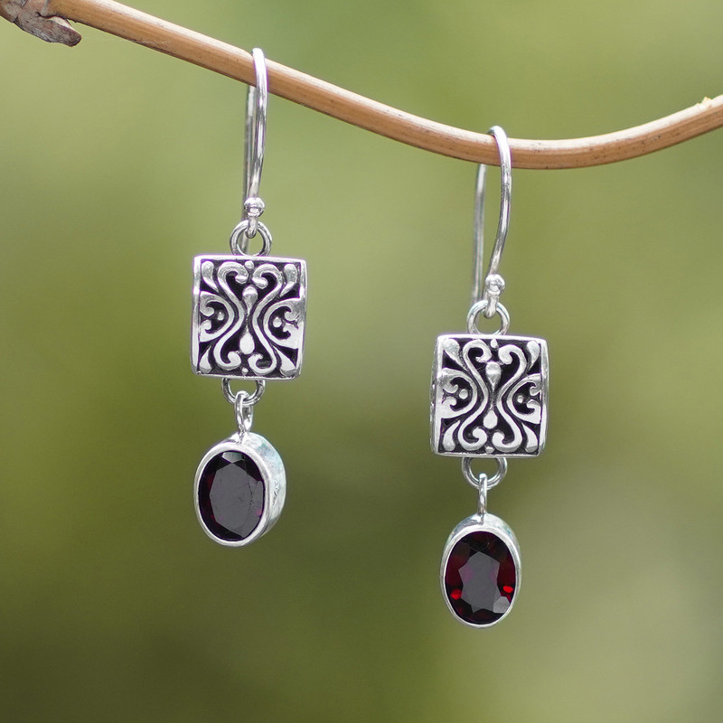 Sterling Silver and Garnet Dangle Earrings from Bali, "Red Horizon"