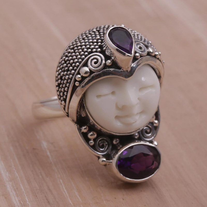 Amethyst and 925 Silver Face Shaped Ring from Bali, "Moonlight Prince"