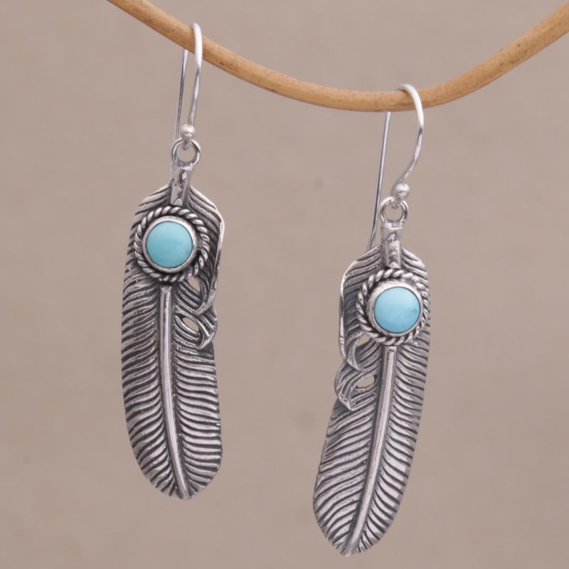 Turquoise and 925 Silver Feather Dangle Earrings from Bali, "Turquoise Transcendence"