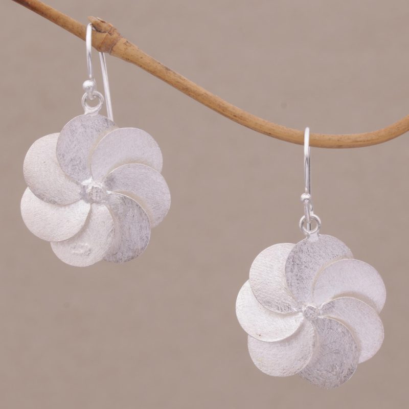 Sterling Silver Floral Dangle Earrings from Bali, "Windmill Flowers"