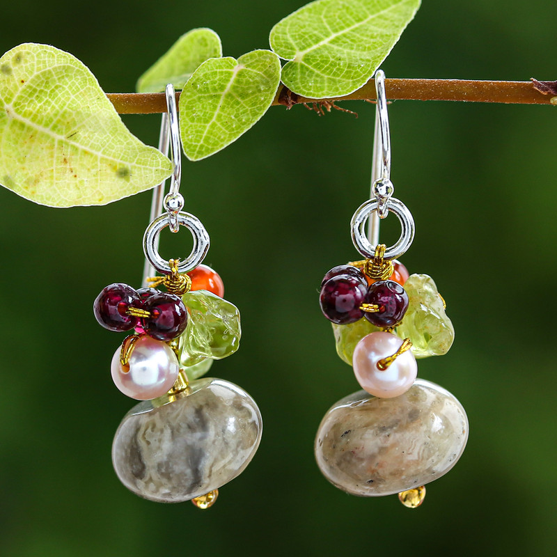 Thai Jasper and Cultured Pearl Dangle Earrings, "Exotic Cluster"